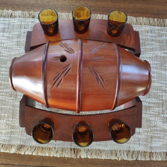 Wooden Barrel Set with 6 Glasses, Vintage Stand Caddy 9.5" - Picture 6 of 16
